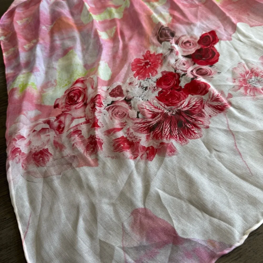 NWT 100% Silk White Red Pink Floral Scarf Purse Handle Wrap